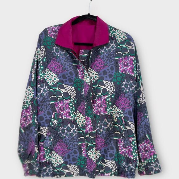 Vintage 80s Silk Reversible Jacket Funky Geometric Solid Fuschia Pink Oversized - Picture 1 of 10